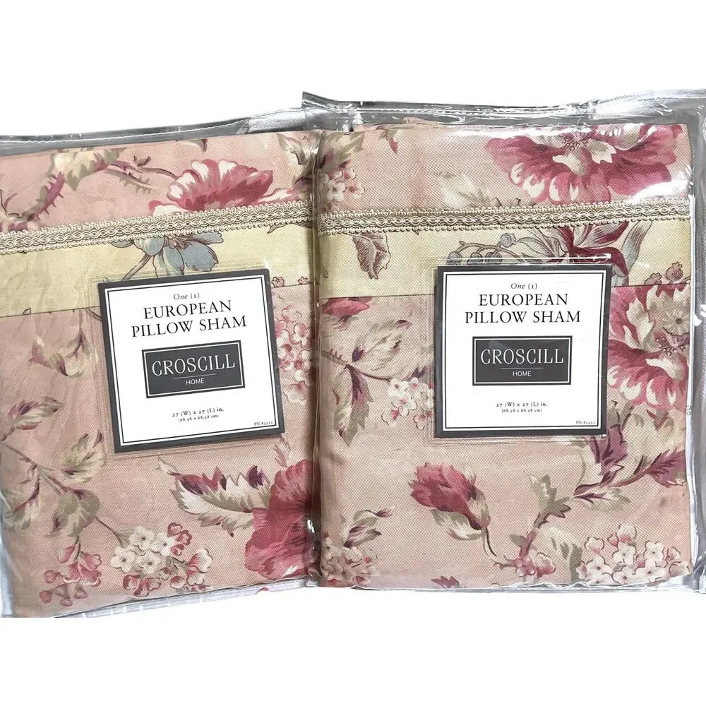 Set of 2 Vtg Croscill Euro Pillow Shams *Margarita* | Cottage Dusty Rose Floral
